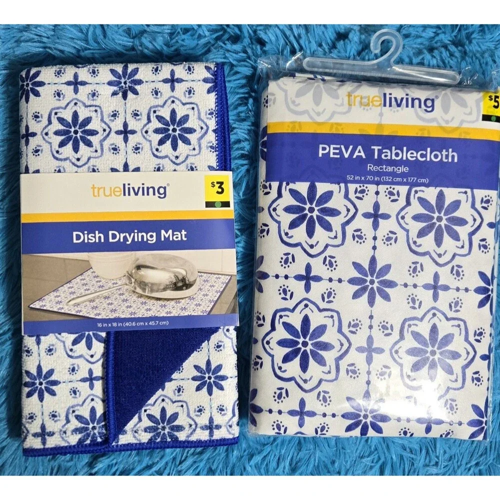 Blue Floral Kitchen True Living 2pc Bundle Dish Drying Mat & PEVA Tablecloth
